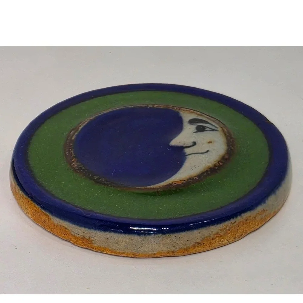 Mexican Stoneware Sun Moon Set Hand Painted Ornament Tile Celestial Y2K Aztec